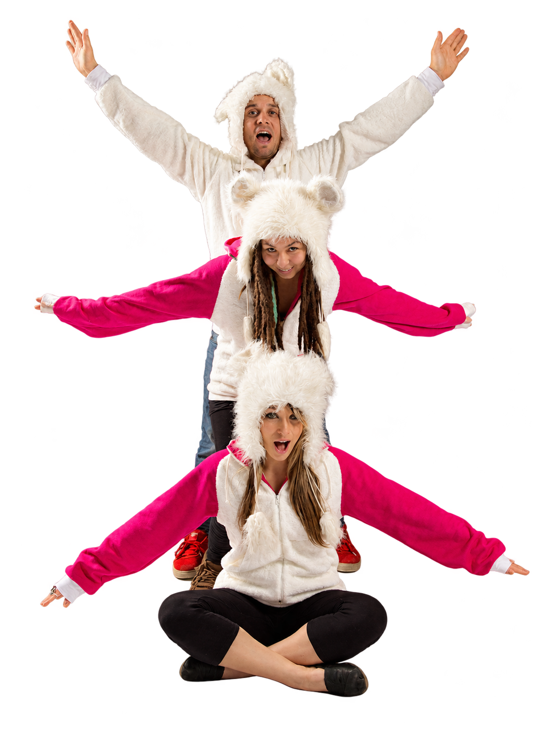 Three models wearing red and white FurGlory apparel