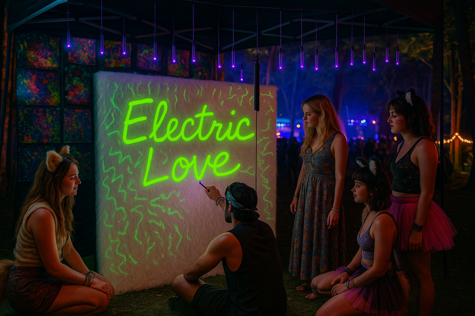 A single-tent Festiwall setup with guests drawing on a glowing fur wall beneath suspended purple lights